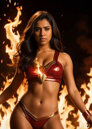 Young Hispanic Superheroine with Fire Manipulation Abilities