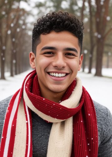 Hispanic Young Man Laughing with Scarf in Snow