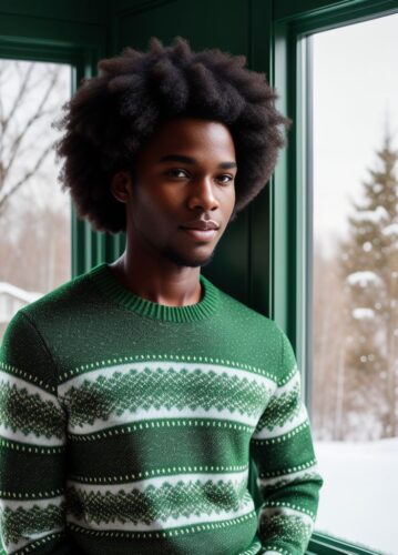 Black Young Man with Stylish Afro in Green Christmas Sweater