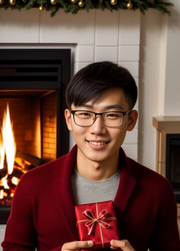 East Asian Young Man with Glasses Holding a Wrapped Gift in Front of a Fireplace with Stockings