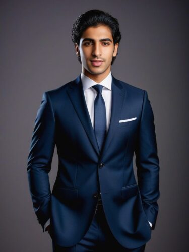 Full Body Portrait of a Young Middle Eastern Man in a Tailored Dark Suit and Tie