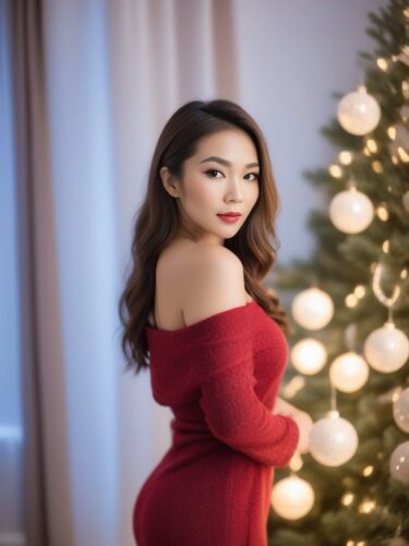 Boudoir Photo of Beautiful Asian Woman at Christmas Decorated Room