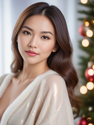 Boudoir Closeup Portrait of Beautiful Asian Woman at Christmas Decorated Room