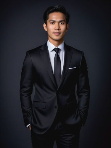 Full Body Headshot of a Young Southeast Asian Man in a Black Suit