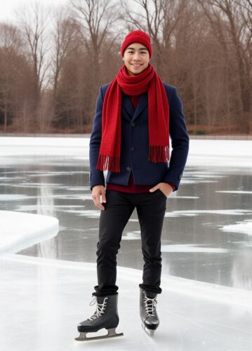 Young man ice skating with a red scarf