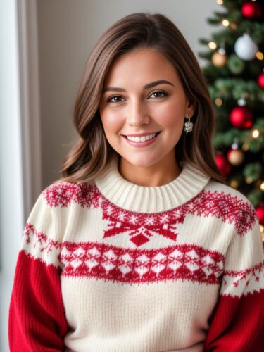 Christmas Portrait of Young Happy Brunette Woman