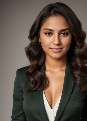 Young Hispanic Woman in Dark Green Suit