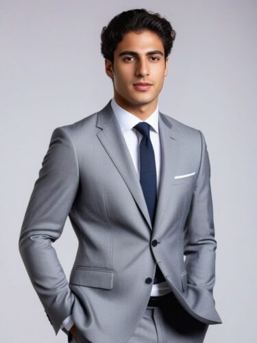 Young Mediterranean Man in a Light Grey Suit and Tie