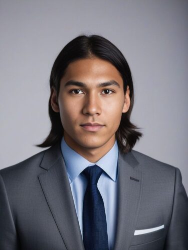Headshot of a Young Native American Man in a Grey Suit