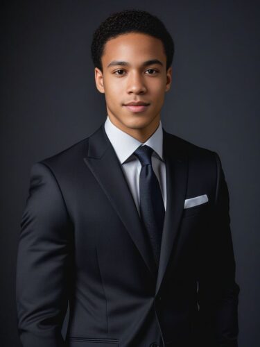 Full Body Headshot of a Young Biracial Man in a Tailored Dark Suit