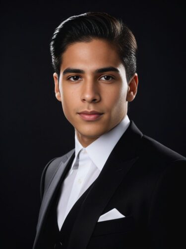 Half-body Portrait of a Young Hispanic Man in a Classic Black Suit