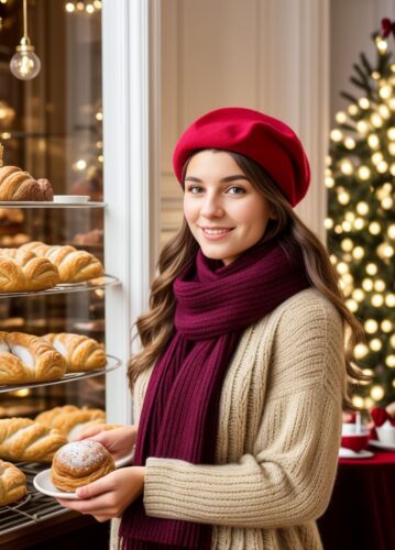 Young French Woman Choosing Christmas Pastries at a Patisserie