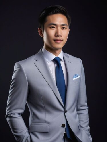 Full Body Portrait of a Young East Asian Man in a Modern Suit