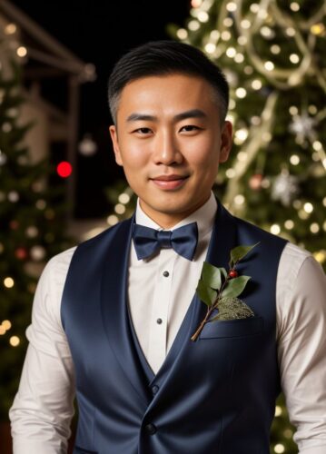 Asian Man with Mistletoe and Christmas Lights