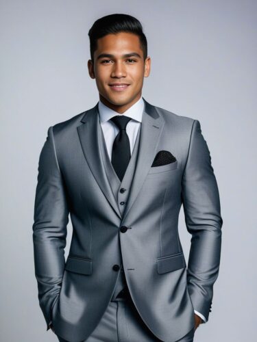 Full Body Portrait of a Young Polynesian Man in a Stylish Grey Suit and Black Tie