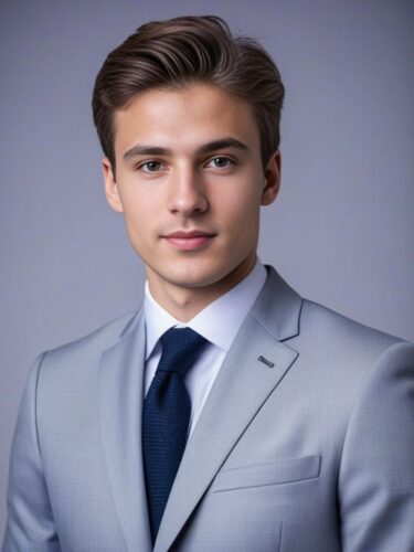Headshot of a Young East European Man in a Light Grey Suit