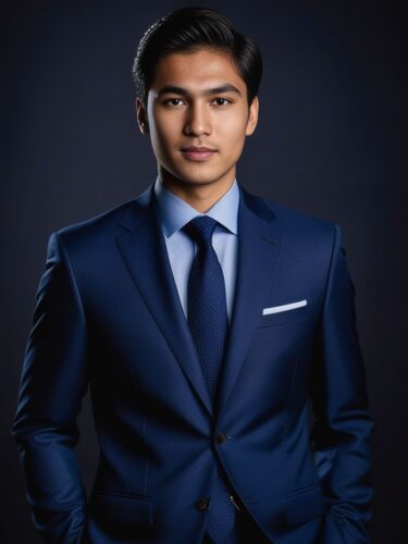 Young Central Asian Man in Navy Blue Suit and Tie