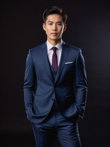 Full Body Headshot of a Young East Asian Man in a Tailored Dark Suit