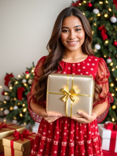 Full Body Portrait of Young Happy Latin Woman Opening Present Box