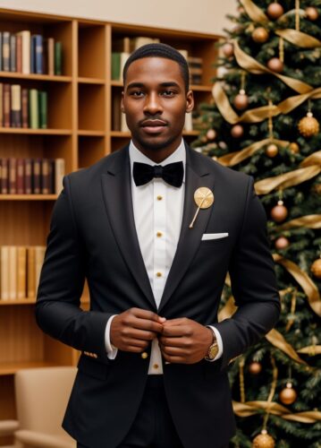 Black Man with Gold Pocket Square in Library with Christmas Tree