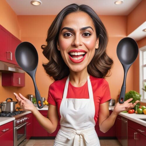 Caricature of a Young Hispanic Woman Juggling Cooking Utensils in a Vibrant Kitchen
