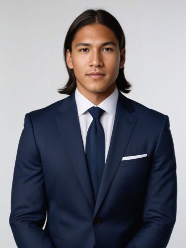 Half-body shot of a young Native American man in a classic fit navy suit and white shirt