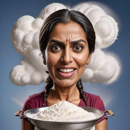 Caricature of a South Asian woman baking
