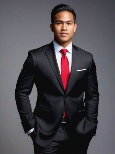 Full Body Portrait of a Young Pacific Islander Man in a Modern Black Suit and Red Tie
