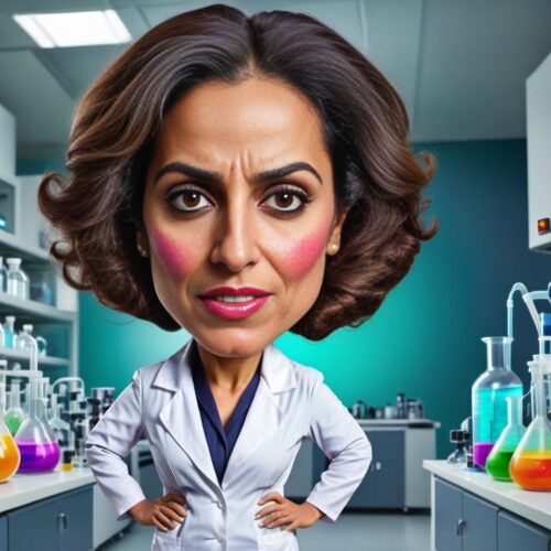 Caricature of a Middle-Eastern woman in a lab coat
