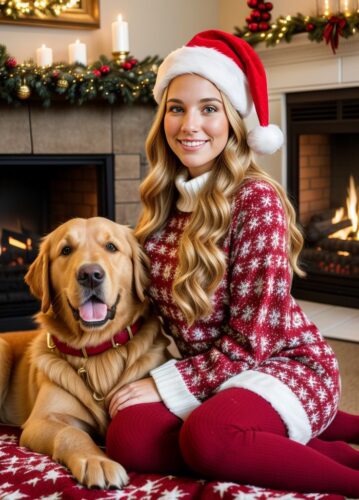 Young American Woman with Santa Hat and Golden Retriever