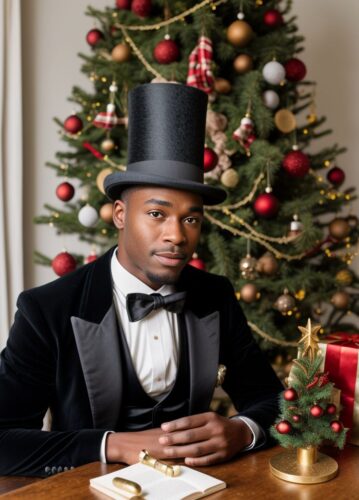 Black Man in Top Hat with Vintage Christmas Tree and Nutcracker