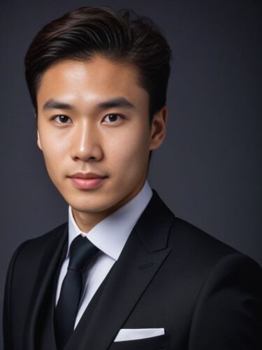 Full Body Headshot of a Young Eurasian Man in a Tailored Black Suit