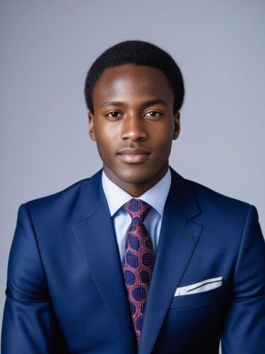 Half-body portrait of a young East African man in a classic navy blue suit and patterned tie