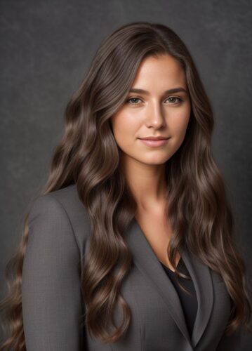Young Woman with Long Wavy Hair in Charcoal Suit