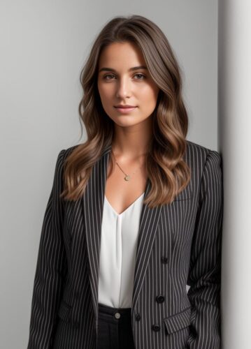 Young Woman in Black and White Striped Blazer
