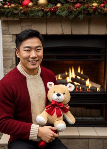 Asian Man with Plush Reindeer Toy