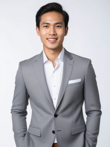 Studio Portrait of a Young Southeast Asian Man in a Grey Suit