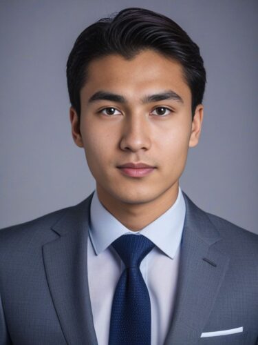 Headshot of a Young Central Asian Man in a Grey Suit