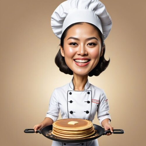 Caricature of a Young Asian Woman Chef Flipping Pancake