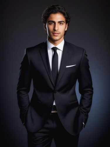Young Mediterranean Man in Black Suit and Tie
