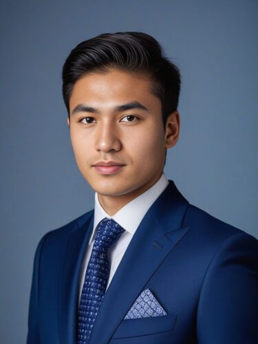Full Body Portrait of a Young Central Asian Man in a Navy Suit