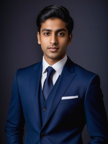 Full Body Headshot of a Young South Asian Man in a Tailored Navy Suit