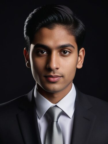 Studio Headshot of a Young South Asian Man in a Tailored Black Suit and Silver Tie