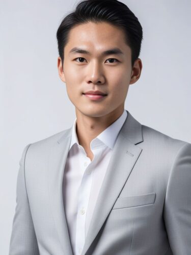 Half-body portrait of a young East Asian man in a classic light grey suit