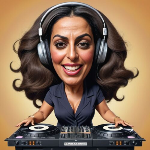 Caricature of a Middle-Eastern woman as a DJ