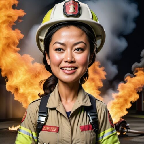 Caricature of a Young Asian Woman as a Firefighter