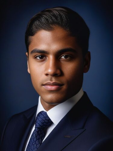 Half-body shot of a young Indigenous Australian man in a classic fit navy suit and patterned tie