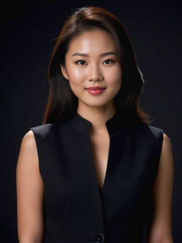 Headshot of a young Asian woman in a black suit