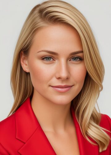 Young Caucasian Woman’s Headshot in a Red Suit