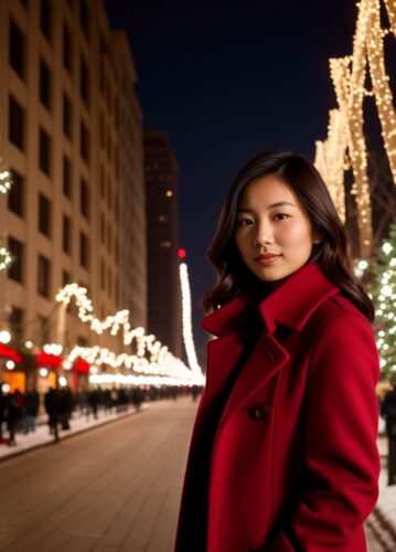 Young Asian Woman in Crimson Pea Coat